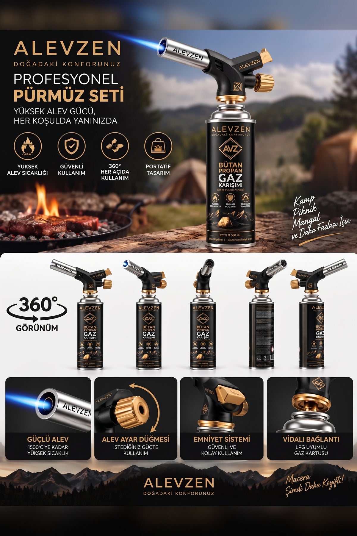 Alevzen Profesyonel Pürmüz Seti (360° Kullanım & Gaz Kartuşlu)